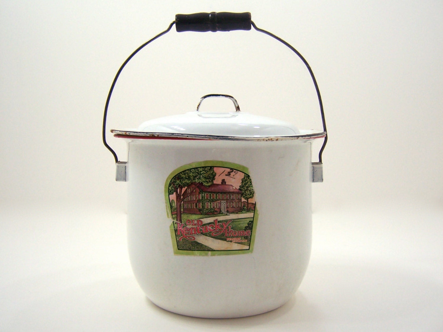 White porcelain enamel chamber pot with lid paper label wire