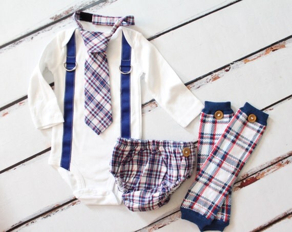 Baby Boy Birthday Outfit set of 4 Items. Suspender One Piece Bodysuit, Blue Plaid Tie w