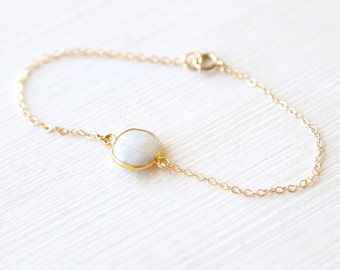 Tiny Round Moonstone Gemstone Connector Bracelet // 14K Gold filled // simple everyday delicate jewelry