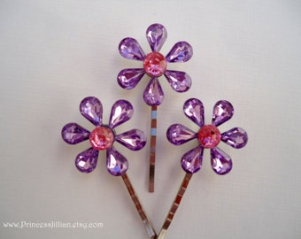 Cabochon hair pins - Acrylic purple and pink flowers sparkly cute fun jeweled gem girl decorative hair accessories set trio TREASURY ITEM
