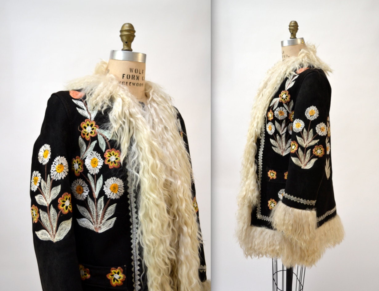 Vintage Embroidered Shearling Afghan Jacket Coat Medium// 70s