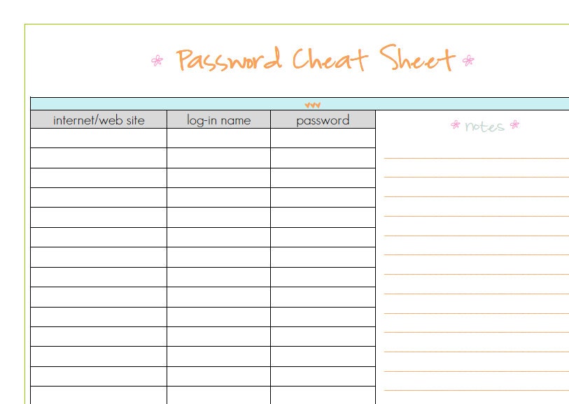 PASSWORD CHEAT SHEET full sized pdf template tangerine