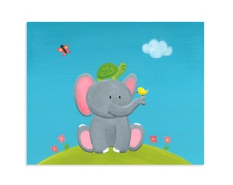 Elephant and Turtle Nursery Print - Stacked Animals Nursery Wall Art