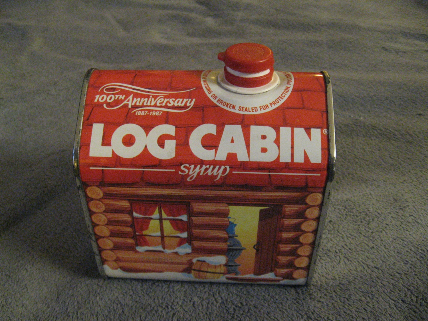 1987 Log  Cabin  Syrup  Tin Vintage 100th Anniversary Log  Cabin 