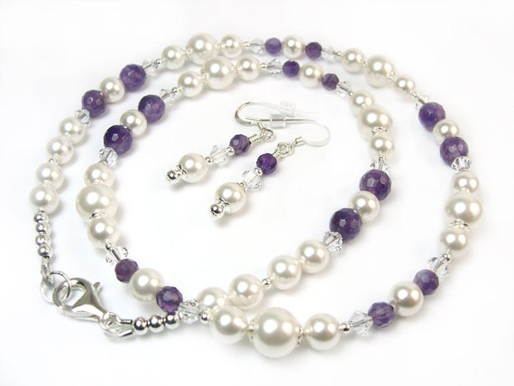 White Pearl Amethyst Necklace Earrings Set Crystals Sterling Silver Handmade