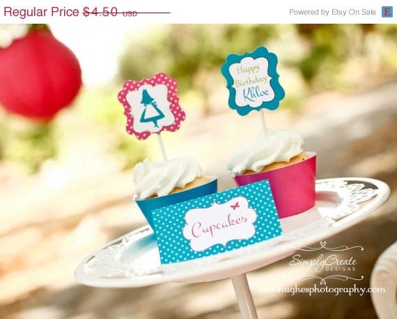 SALE Tea Party Cupcake Toppers DIGITAL File 8.5 x 11 Jpeg File Personalized Il_570xn