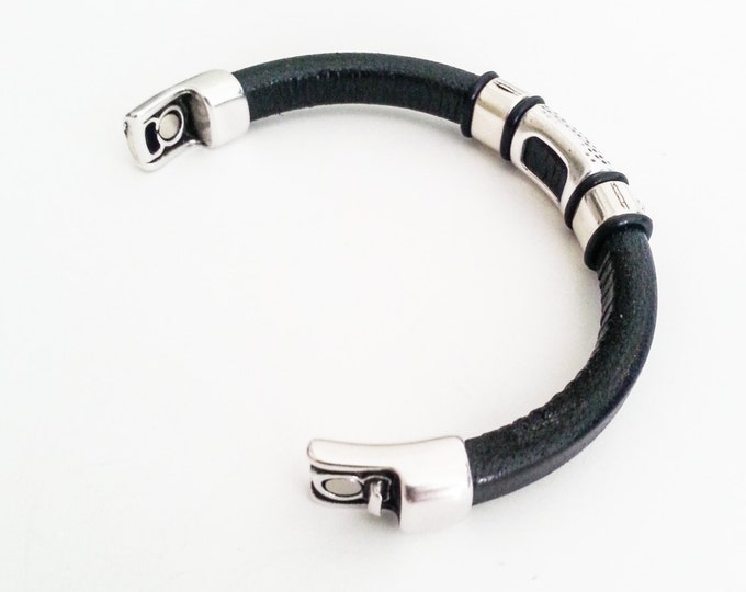 Black Leather Bracelet, Leather Black Bracelet, Black Leather Silver Bracelet, Leather Silver Bracelet, Leather Bracelet, Black Leather