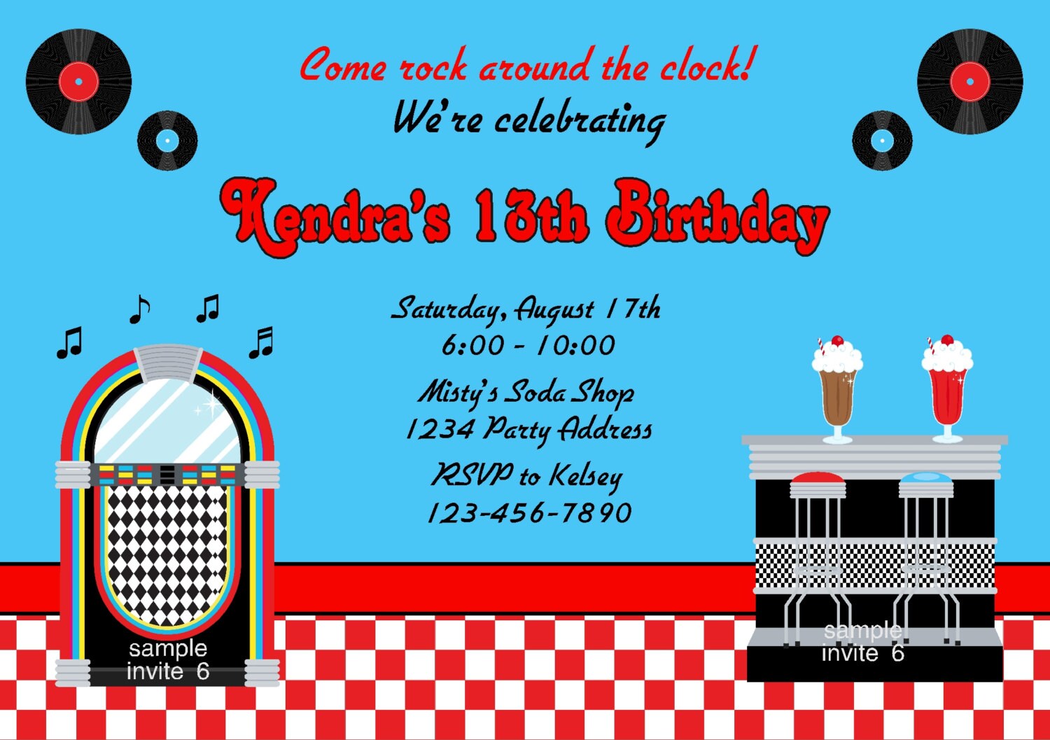 50s Invitation Soda Shop Jukebox Invitation Red or Pink