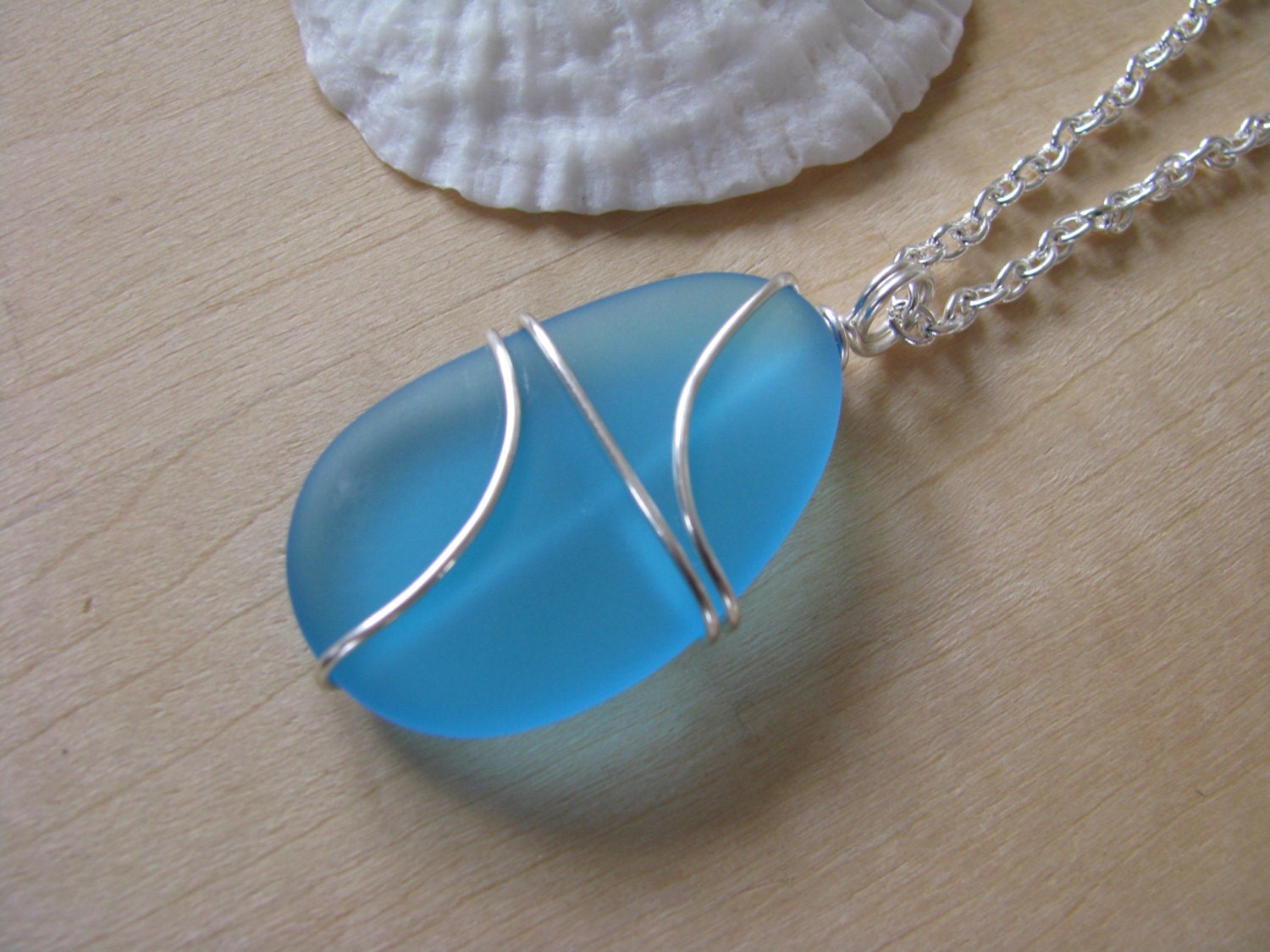 Xlong Wire Wrapped Sea Glass Necklace Aqua Turquoise Blue 