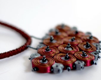 Statement necklace beaded, fabric necklace red, textile necklace red, textile pendant red, gift for woman, gift for her - Exclusive jewelry