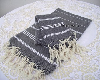 Turkishtowel-Set of 2-Hand woven peshkirs-hand,tea,dish towels-White stripes on black