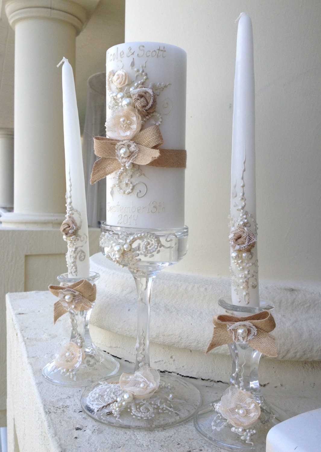 Rustic Chic wedding unity candle set 3 candles and 3 glass