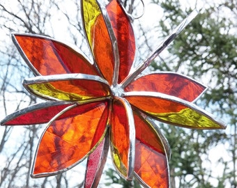 Stained glass 3D Flower Twirl orange red yellow garden art outdoor sculpture home decor