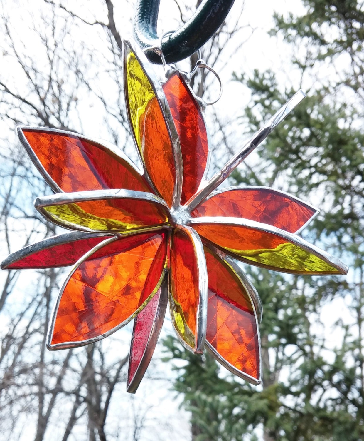 Stained glass 3D Flower Twirl orange red yellow garden art