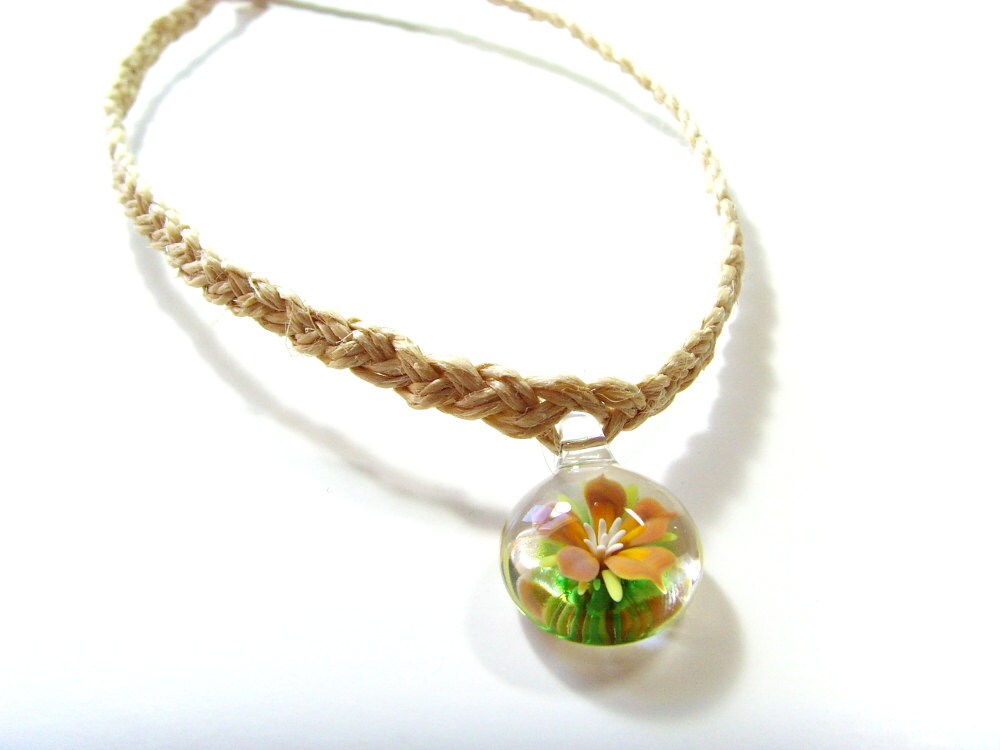 Blown Glass Flower Pendant on Braided Hemp Necklace by sodaandlime