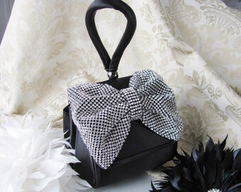 Prom Time Black Satin Fabric Wedding Bag Clutch Formal Evening Bag Rinestone Fabric Bow and Wrist strap
