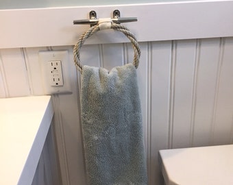 Rope Towel Ring With Stainless Steel Cleat Nautical Decor Bathroom Towel Holder Hook Fixture Beach Choose Color Rope and Accent