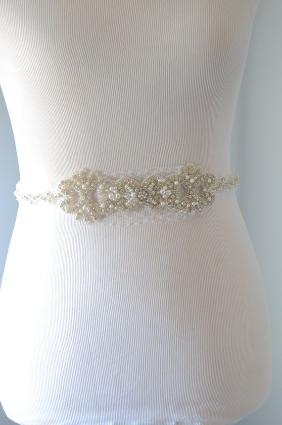 READY TO SHIP,One of Kind, French netting bridal sash,1920s ,Pearl and Rhinestone sash,Downton Abby, Gatsby, Art Deco bridal sash, white