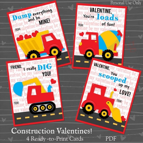 Construction Truck Valentine Cards for Kids Boy's