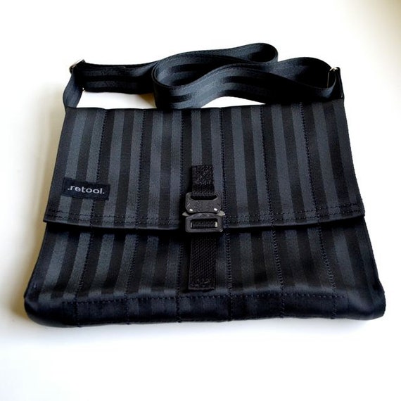Seat Belt Messenger Bag with Cobra Buckle - Black Crossbody Bag ...