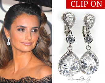 Clip On Wedding Earrings White Crystal Teardrop Bridal Earrings Cubic Zirconia Bride Earrings Celebrity Jewelry CZ Bridesmaid Gift Earrings