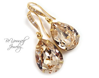 Champagne Bridal Earrings Gold Teardrop Bride Earrings Pastel Wedding Jewelry Swarovski Crystal Light Silk Wedding Earrings Bridesmaid Gift