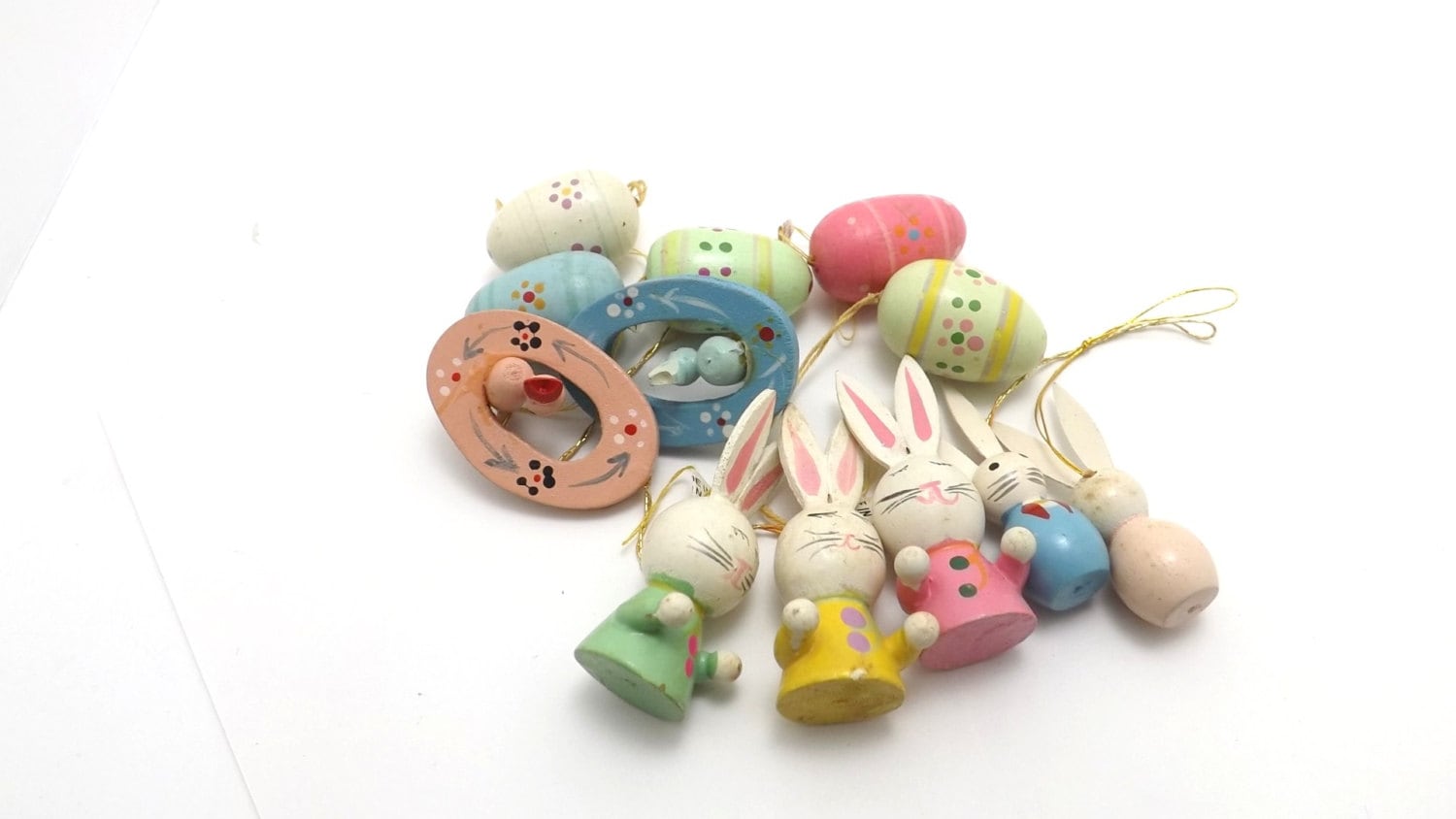 12 wooden miniature easter ornaments for easter trees. bunny