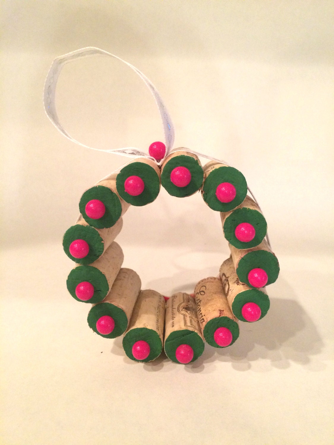 Green and Pink Christmas Wreath Cork Ornament