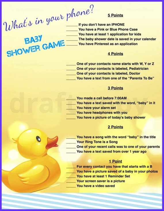 457 New baby shower game cell phone 397 Baby Shower Game Whats in your phone by 31Flavorsofdesign on Etsy 