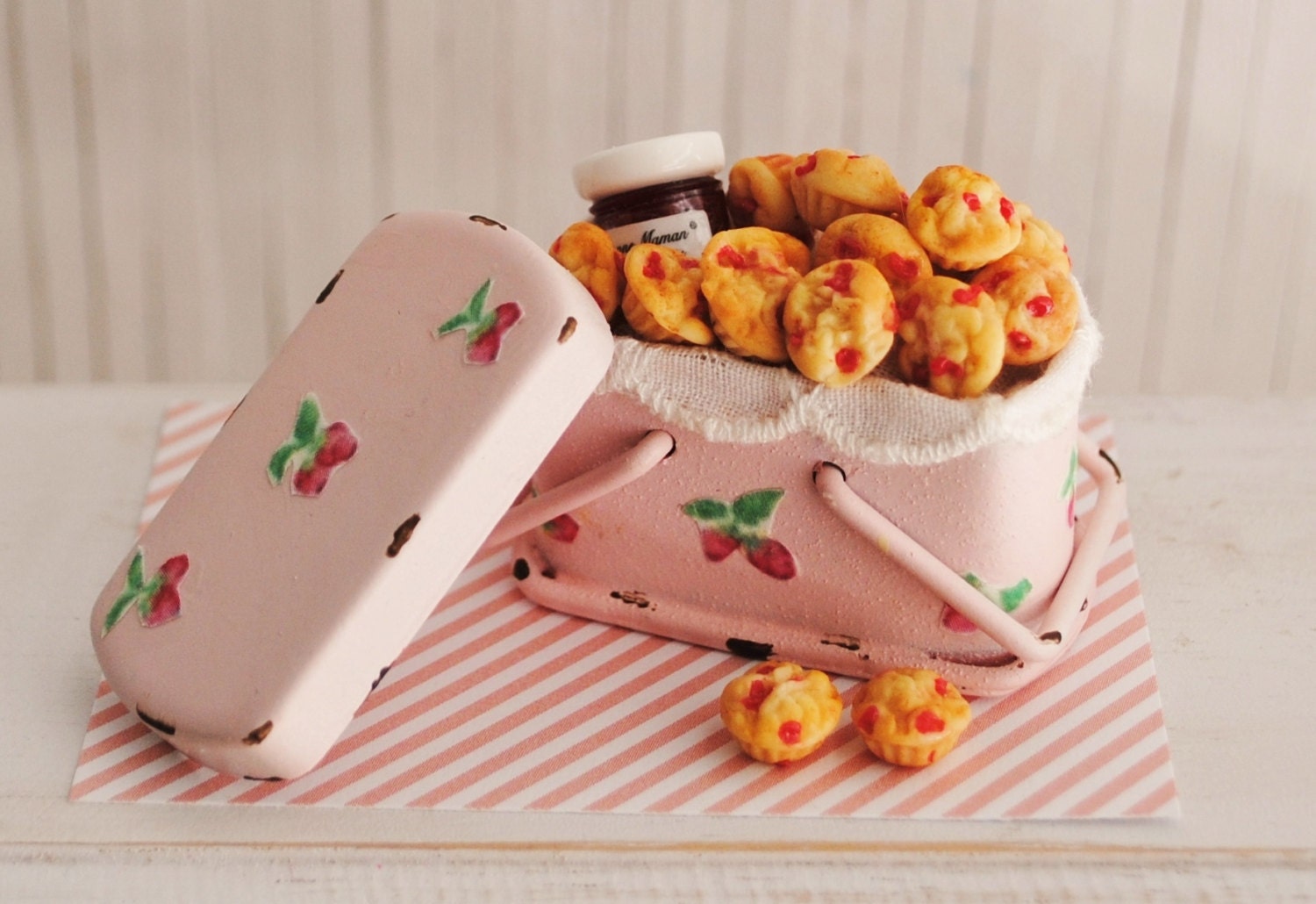 Miniature Shabby Chic Pink Picnic Basket Filled With