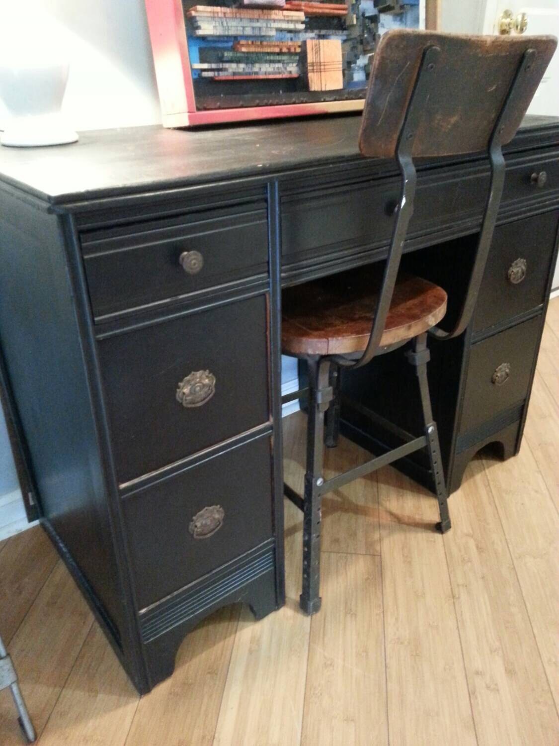 Classic ebonized black desk with vintage hardware. Black desk