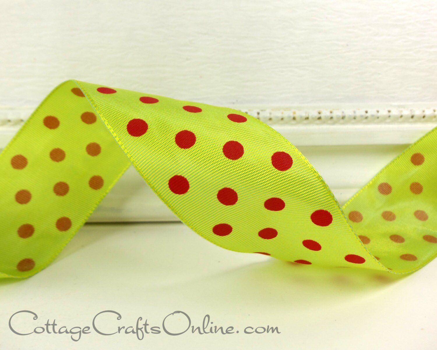 wired ribbon polka dot 1 1 2 lime green with red dots wired ribbon polka dot 1 1 2 lime green with red dots