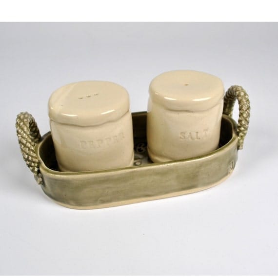 Ceramic Pottery Salt and Pepper Shakers with Tray Handmade