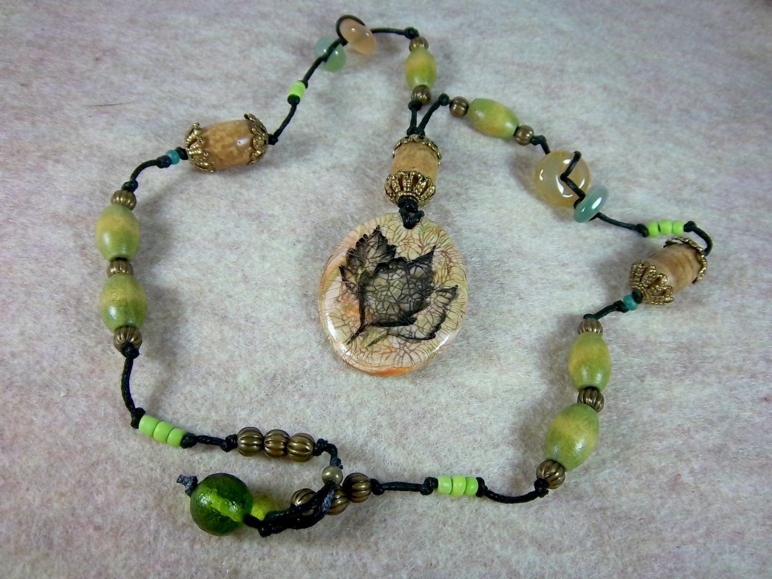 Leaf Necklace Polymer Clay Organic Look Green and Tan