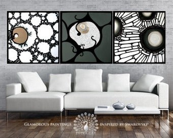 Abstract triptych canvas ALIVE. Triptyque. Triptych art with Swarovski® Triptych painting. Large abstract triptych wall art trio - Lydia Gee
