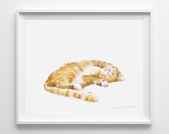 Orange Cat Print. Orange Tabby Cat Painting, Home Wall Decor, orange cat painting, watercolor painting, cat painting, cat art, sleeping cat