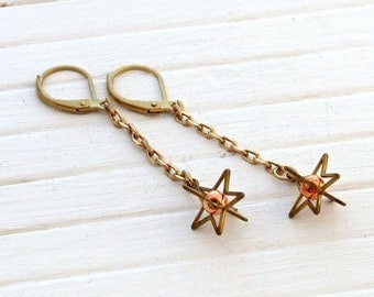 Star Earrings .. brass star earrings, celestial earrings, chain earrings, star dangle earrings