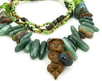 Green Woodsy Knome Chunky Statement Necklace - Gemstone Necklace - Asymmetrical Necklace - Artisan Jewelry