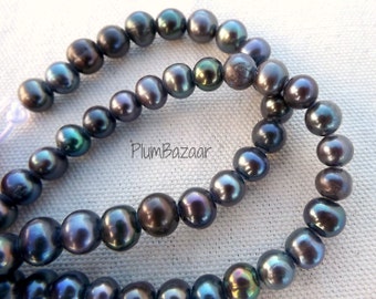 Large hole pearls, 8" strand of 8mm round freshwater pearl beads, peacock colors