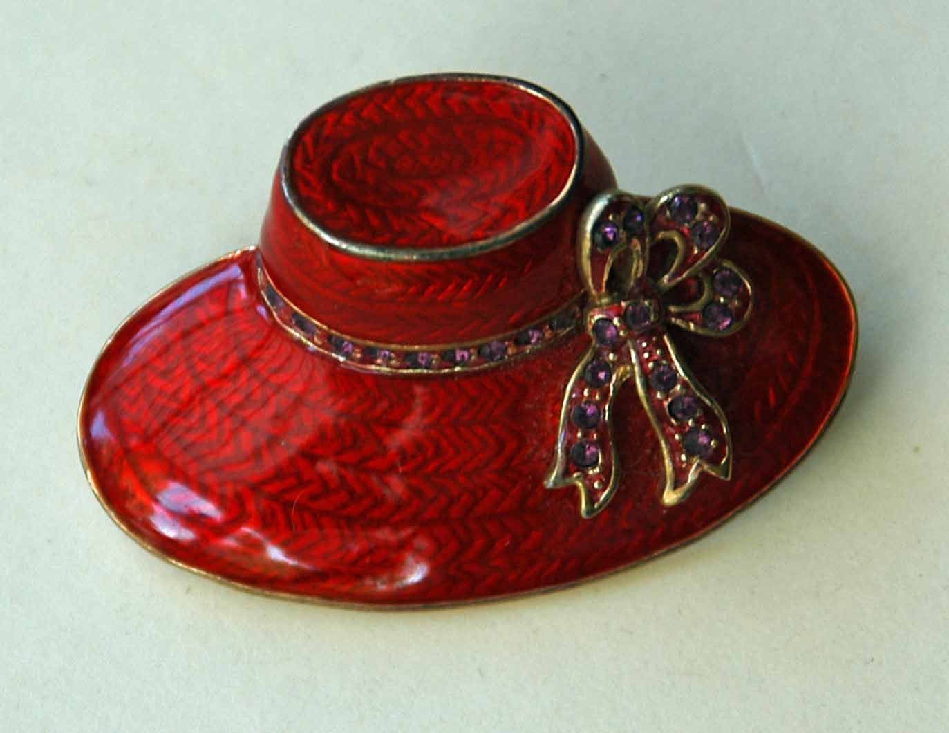 Collectible ENAMELED RED HAT Brooch w/ Gold Trim Bow by hensnest10