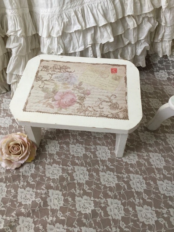 Shabby Chic white Wooden Footstool,Chippy distressed vintage wooden stool, Shabby French Farmhouse stool, vintage stool, French roses