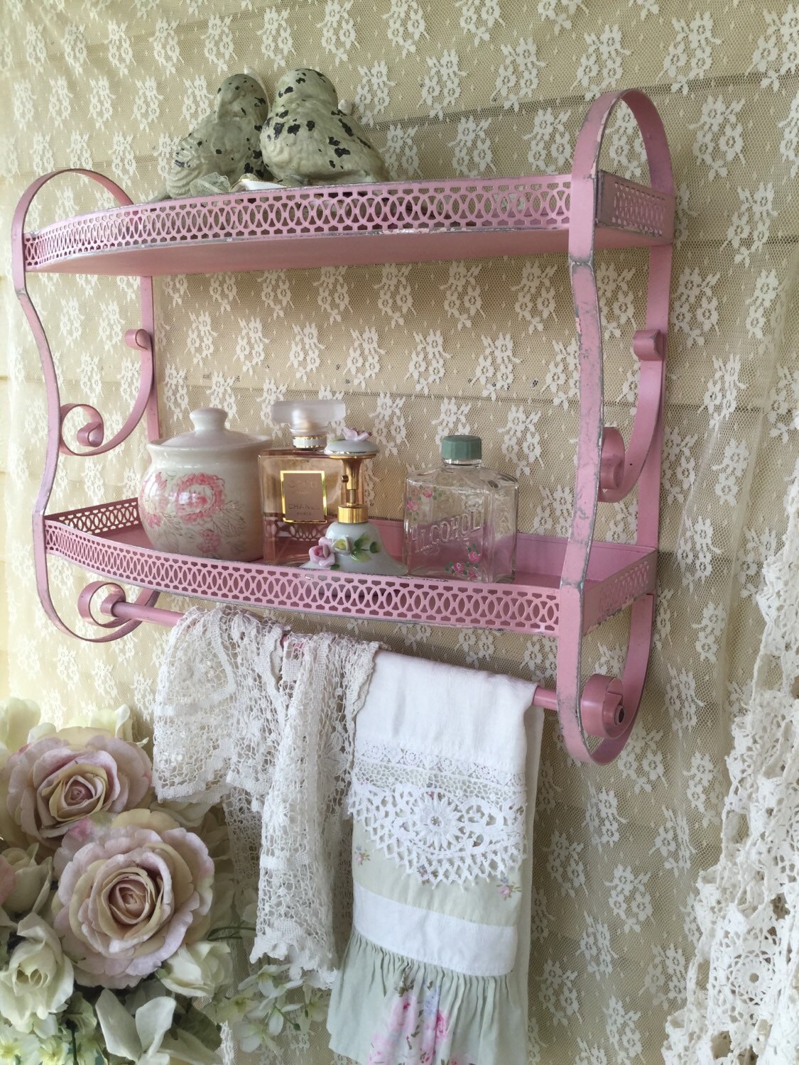 Vintage Pink Metal Bathroom Shelf, Shabby Chic Baby Girl Pink Nursery, Display Shelf, Metal