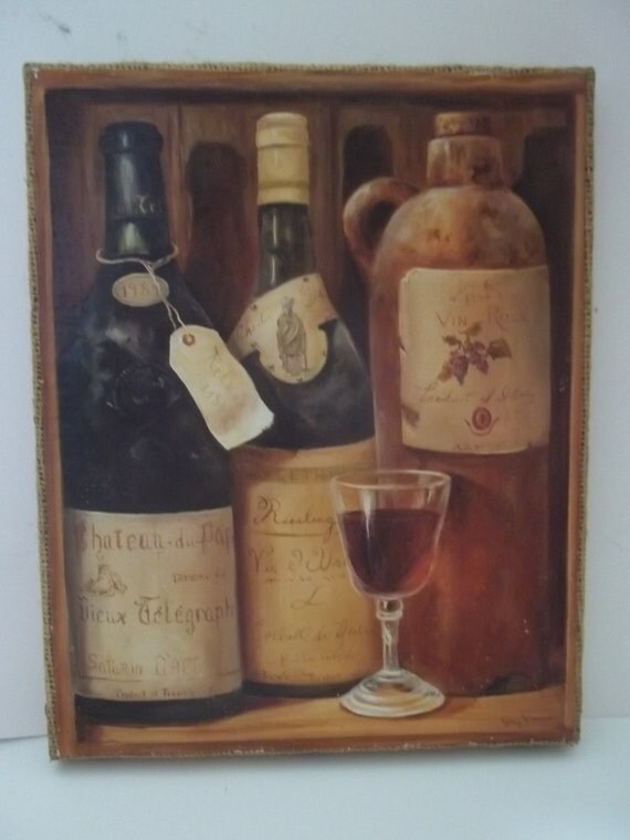 Wine Picture Handmade Burlap Wine Pic Circa 1990 Wine ART