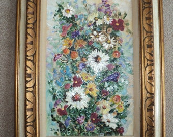 Original Floral Still Life Oil Painting Art Work, Mediterranean Style Impasto Relief Decoupage and Paper Mache Still Life of Daisies