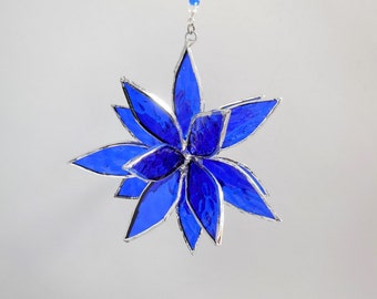 3D Stained Glass Cobalt Blue Suncatcher. Christmas gift. Flower. Flower of Life - Swirl.