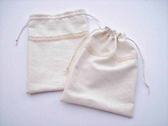 One Drawstring Muslin Gift Bag- With Tea Dyed Lace