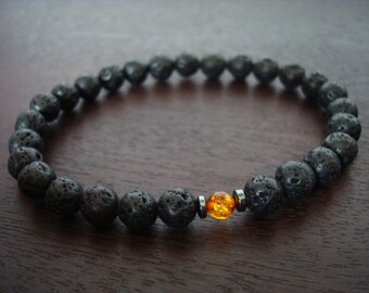 Men's Lava Rock & Baltic Amber Mala Bracelet // Genuine Baltic Amber Bracelet // Yoga, Buddhist, Meditation, Prayer Beads, Jewelry