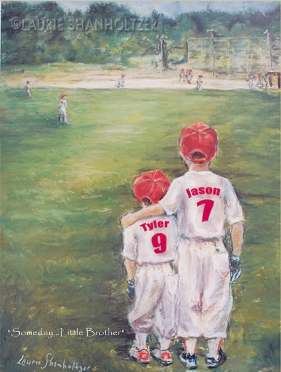 Baseball Personalized sports art print add Names Jersey Numbers team Colors Ponytail  'Someday...Little Brother' Laurie Shanholtzer