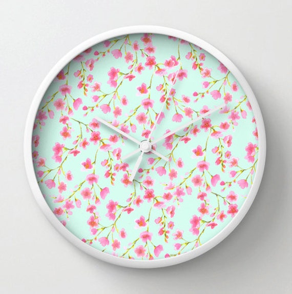 Items similar to Watercolor floral wall clock, cherry blossoms, pink ...