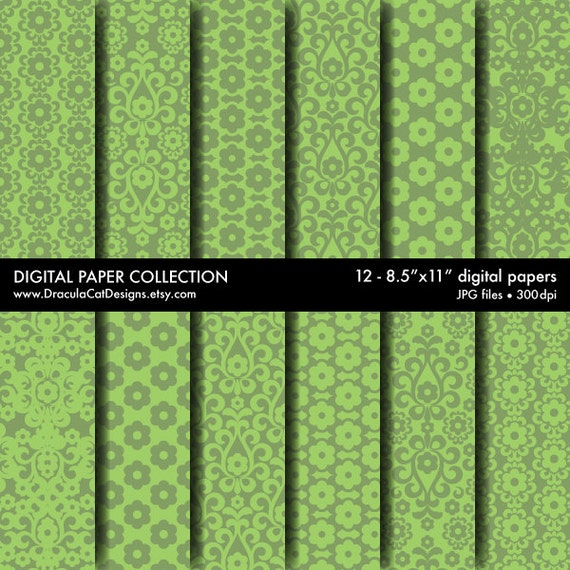 Digital Scrapbook Paper Sage Green Floral by DraculaCatDesigns